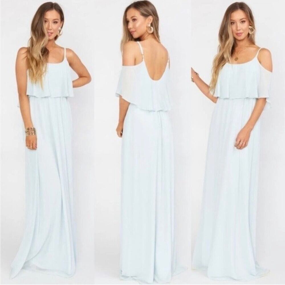 show me your mumu caitlin ruffle maxi dress icy blue chiffon women small